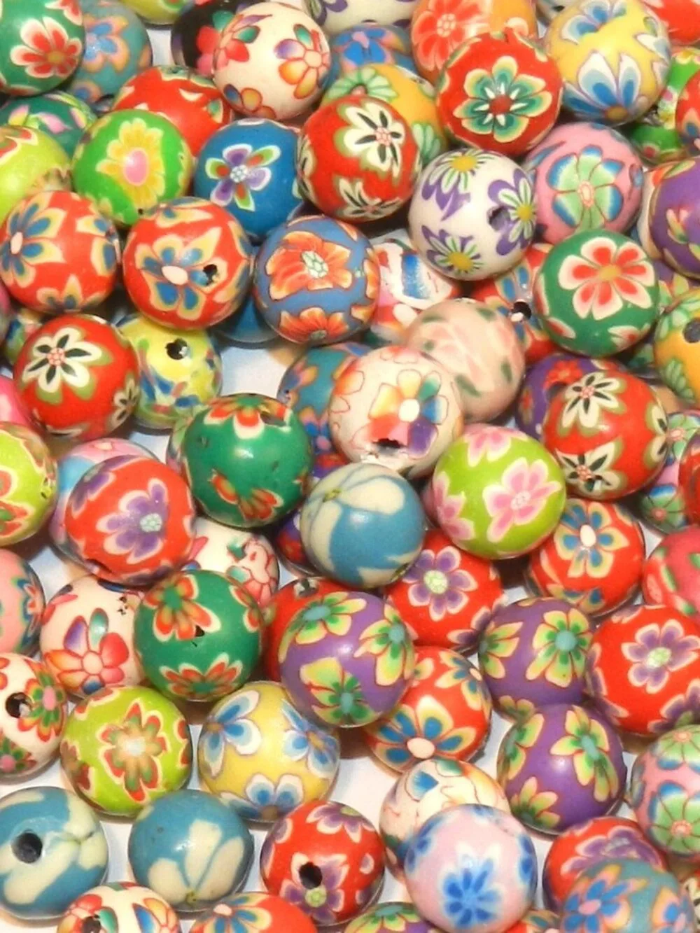 CPC192 Brightly Colored Fun Flower Patterned Polymer Clay 8mm Round Beads 24pc